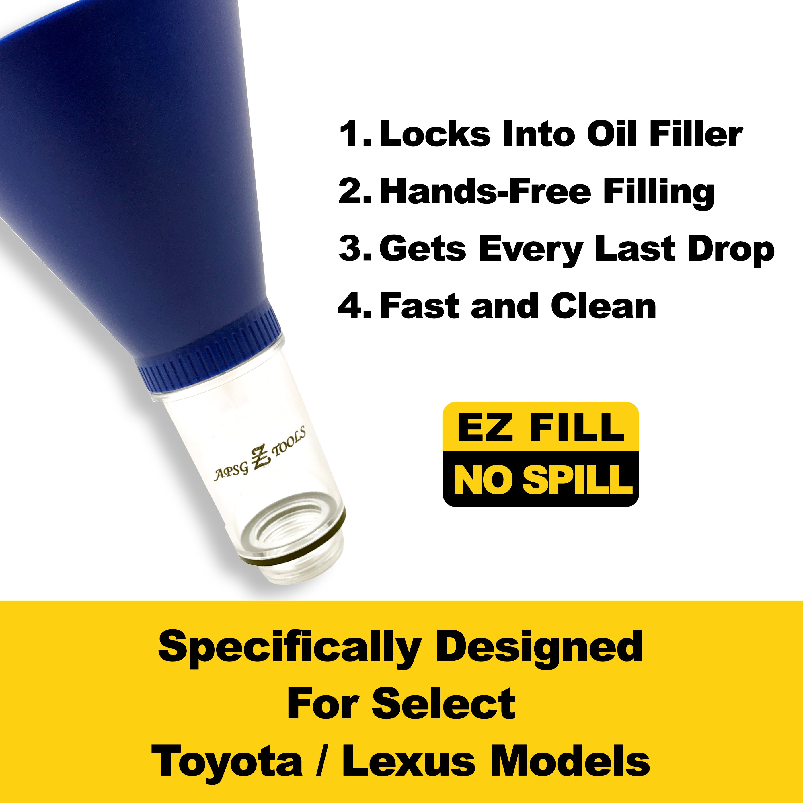 Locking Oil Funnel | Toyota Lexus Scion | No-Spill Tool Screws Directly INTO Filler | Fast & Easy Oil Change/Fill with No Mess!