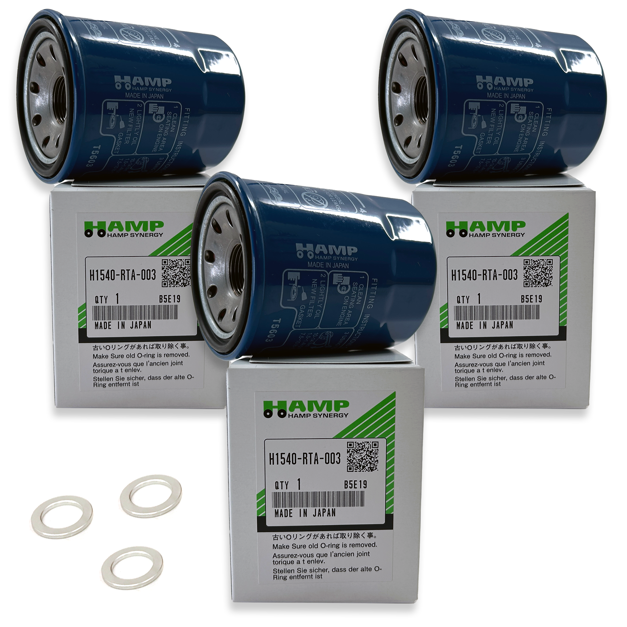 HAMP Oil Filter H1540-RTA-003 | Compatible with Honda Acura vehicles | Made in Japan | 3 Pack Bundle with APSG Drain Plug Gasket/Crush Washers | REF: 15400-PLM-A02 / 15400-PLM-A01